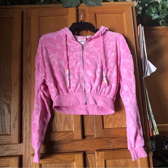 Barbie x Forever 21 Pink Barbiecore Floral Full Zip Beaded Crop Hoodie Size S - Picture 3 of 12